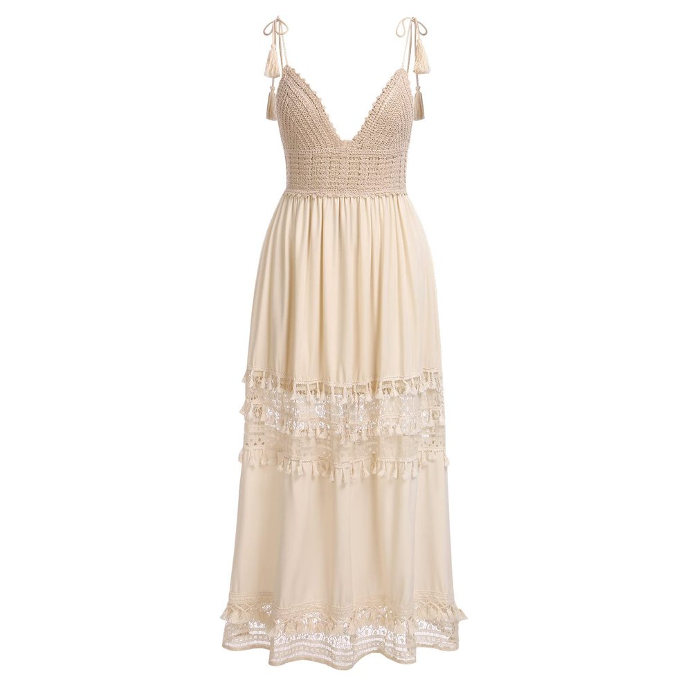 ABEWIP Womens Casual Boho Floral Lace V-Neck Dress Spaghetti Straps Casual Maxi Dress Bridesmaid Wedding Dresses Style 5 Beige M