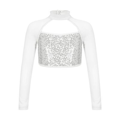 FEESHOW Girls Sequins Long Sleeve Metallic Dance Crop Tops Kids Tank Tops for Hip Hop Jazz Gymnastics Ballet Dance White A 6 Years