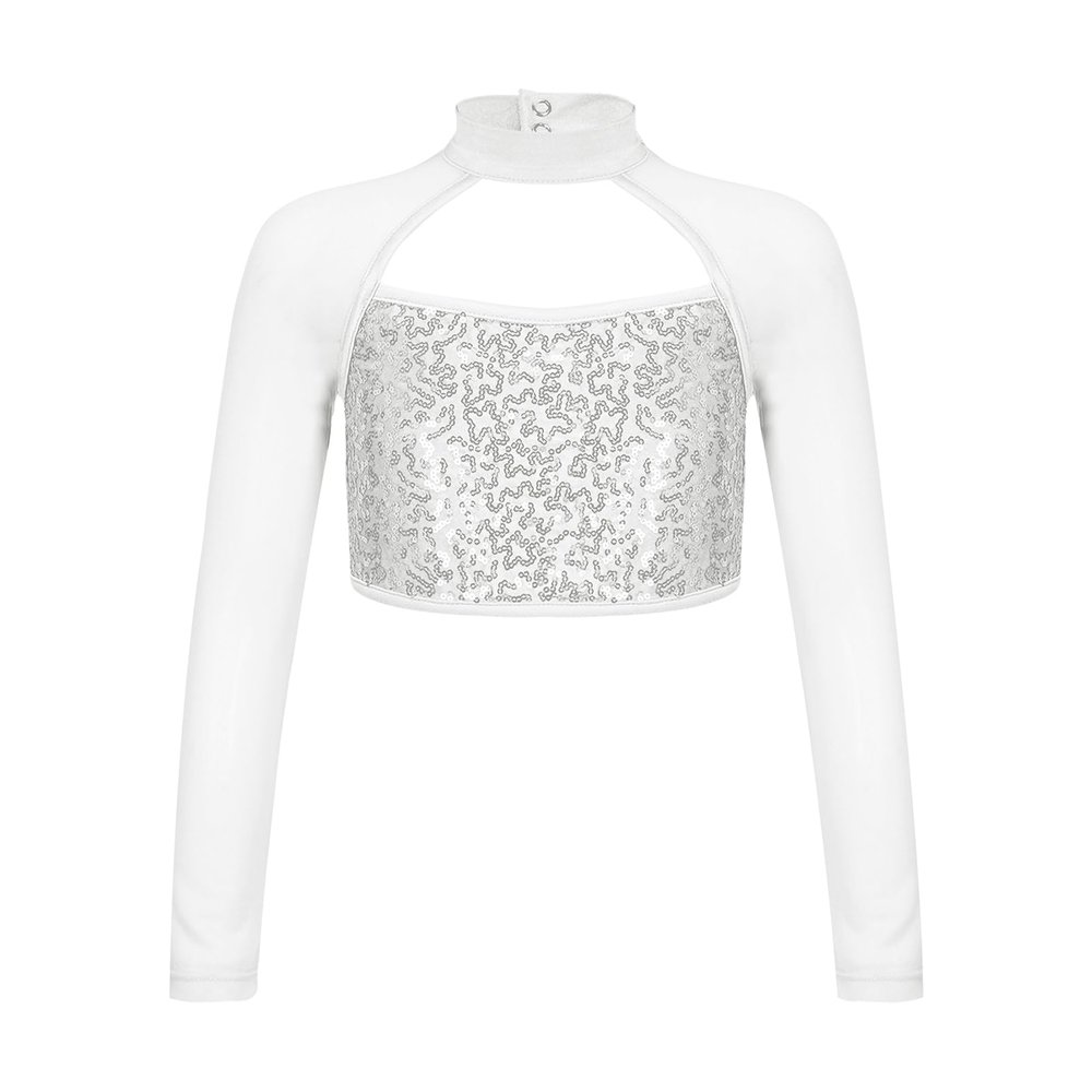 FEESHOW Girls Sequins Long Sleeve Metallic Dance Crop Tops Kids Tank Tops for Hip Hop Jazz Gymnastics Ballet Dance White A 6 Years
