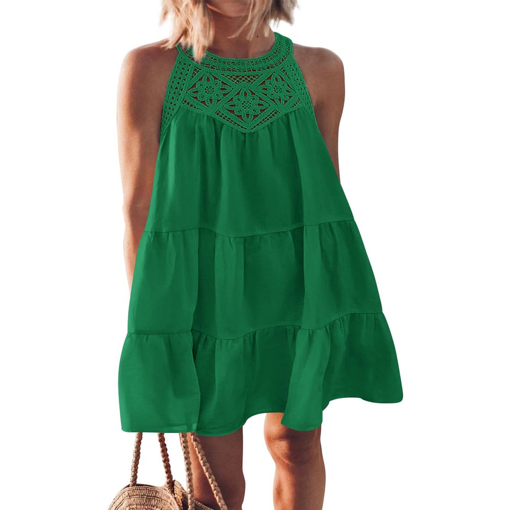 BTFBM Women Summer Dresses 2026 Casual Spring Clothes Sleeveless Halter Neck A-Line Boho Mini Dress Beach Vacation Sundress(Green, Large)