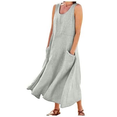 NineFit Basics Maxi Dress for Women,2024 Spring Summer Trendy Crewneck Sleeveless Cotton Linen Dress,Casual Loose Plain Sundress,Flowy Ruched Boho Dress Plus Size Beach Dress with Pockets(D-Light Gray,5XL)