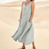 NineFit Basics Maxi Dress for Women,2024 Spring Summer Trendy Crewneck Sleeveless Cotton Linen Dress,Casual Loose Plain Sundress,Flowy Ruched Boho Dress Plus Size Beach Dress with Pockets(D-Light Gray,5XL) view 2