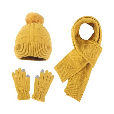 Womens Winter Beanie Hat Long Scarf Touchscreen Gloves Set Warm Knit Beanie Cap with Pompom (D1-Yellow, One Size)