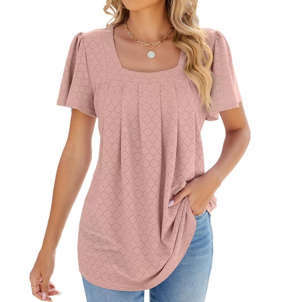 2024 Amazon Cross-Border Spring and Summer New Square Neck Flared Sleeves Pleated Short-Sleeved Loose T-Shirt Women (US, Alpha, X-Large, Regular, Regular, Skin Pink)