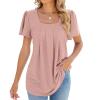 2024 Amazon Cross-Border Spring and Summer New Square Neck Flared Sleeves Pleated Short-Sleeved Loose T-Shirt Women (US, Alpha, X-Large, Regular, Regular, Skin Pink) view 1