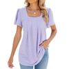 2024 Amazon Cross-Border Spring and Summer New Square Neck Flared Sleeves Pleated Short-Sleeved Loose T-Shirt Women (US, Alpha, X-Large, Regular, Regular, Skin Pink) view 2