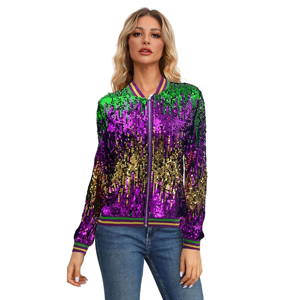 Womens Sequin Jacket Plus Size Sparkle Long Sleeve Jackets Front Zip Loose Casual Blazer Bomber Jacket with Pockets(PP2,Large)