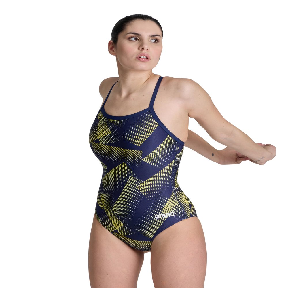 ARENA Women's Swimsuit Halftone Team Print MaxLife Sports Suit Light Drop Back One Piece Bathing Suit Competition Training Racing Swimwear, Navy/Team Navy Yellow, US Size 32