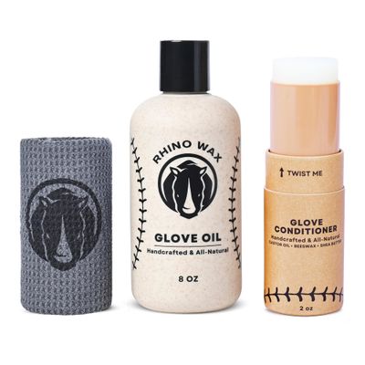 Rhino Wax - Baseball Gloves Maintenance Starter Kit - Includes: Base Ball Glove Oil (8 oz) + Mitt Conditioner (2 oz) + Microfiber Cloth - Condition, Preserve, Protect Your Mitts - Proudly Made in USA