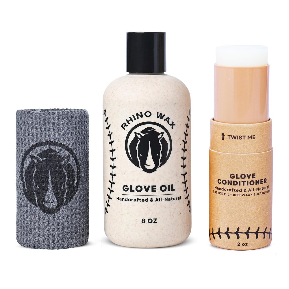 Rhino Wax - Baseball Gloves Maintenance Starter Kit - Includes: Base Ball Glove Oil (8 oz) + Mitt Conditioner (2 oz) + Microfiber Cloth - Condition, Preserve, Protect Your Mitts - Proudly Made in USA
