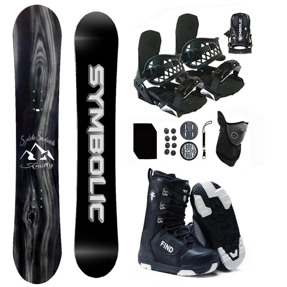 Symbolic Knotty Snowboard , Bindings, & Find Boots Complete Package Gaiter Mask ,Leash, Stomp Pad (Men 8.5 FIND BLK Boot & Binding, 160 cm Wide)