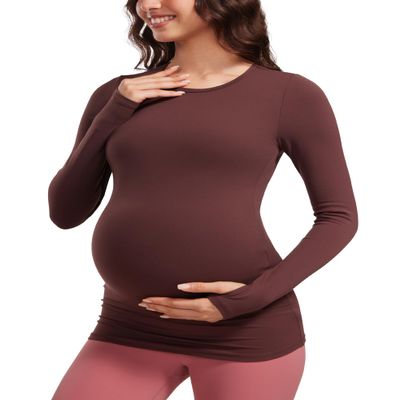 CRZ YOGA Butterluxe Maternity Crewneck Long Sleeve Shirts - Athletic Yoga Casual Pregnancy Womens Tee Tops Basic Layer Soft Taupe Medium