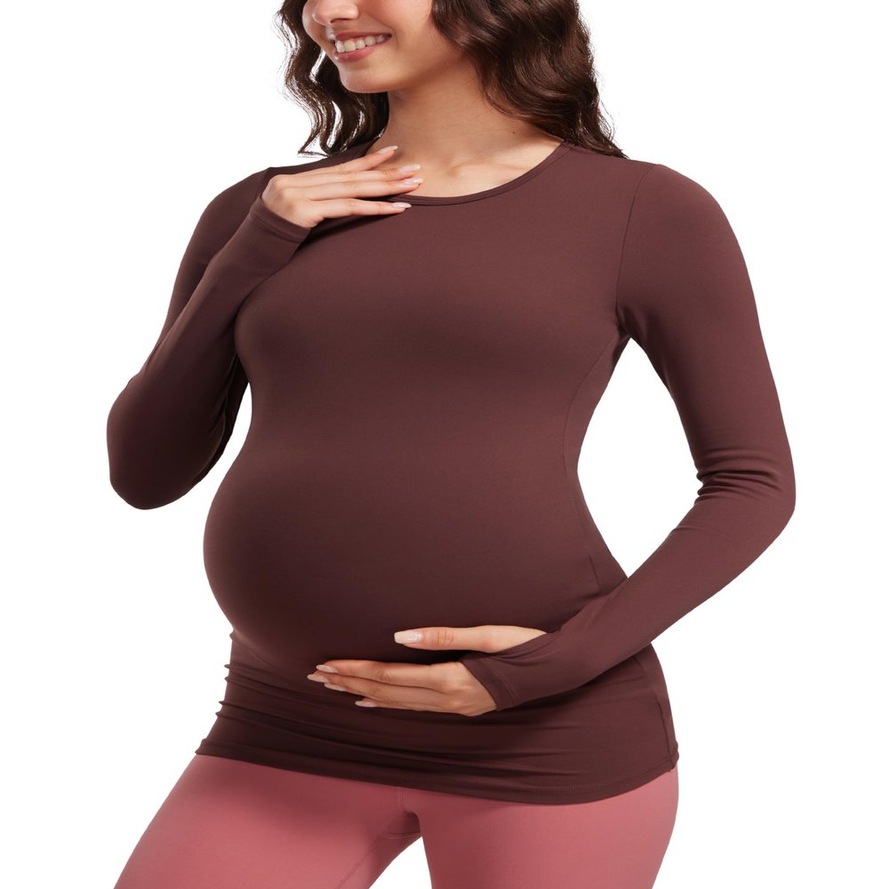 CRZ YOGA Butterluxe Maternity Crewneck Long Sleeve Shirts - Athletic Yoga Casual Pregnancy Womens Tee Tops Basic Layer Soft Taupe Medium