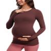 CRZ YOGA Butterluxe Maternity Crewneck Long Sleeve Shirts - Athletic Yoga Casual Pregnancy Womens Tee Tops Basic Layer Soft Taupe Medium