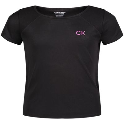 Calvin Klein Girls' Short Sleeve Performance T-Shirt, Crew-Neck Neckline & Logo Detailing, Black Mesh, 8-10