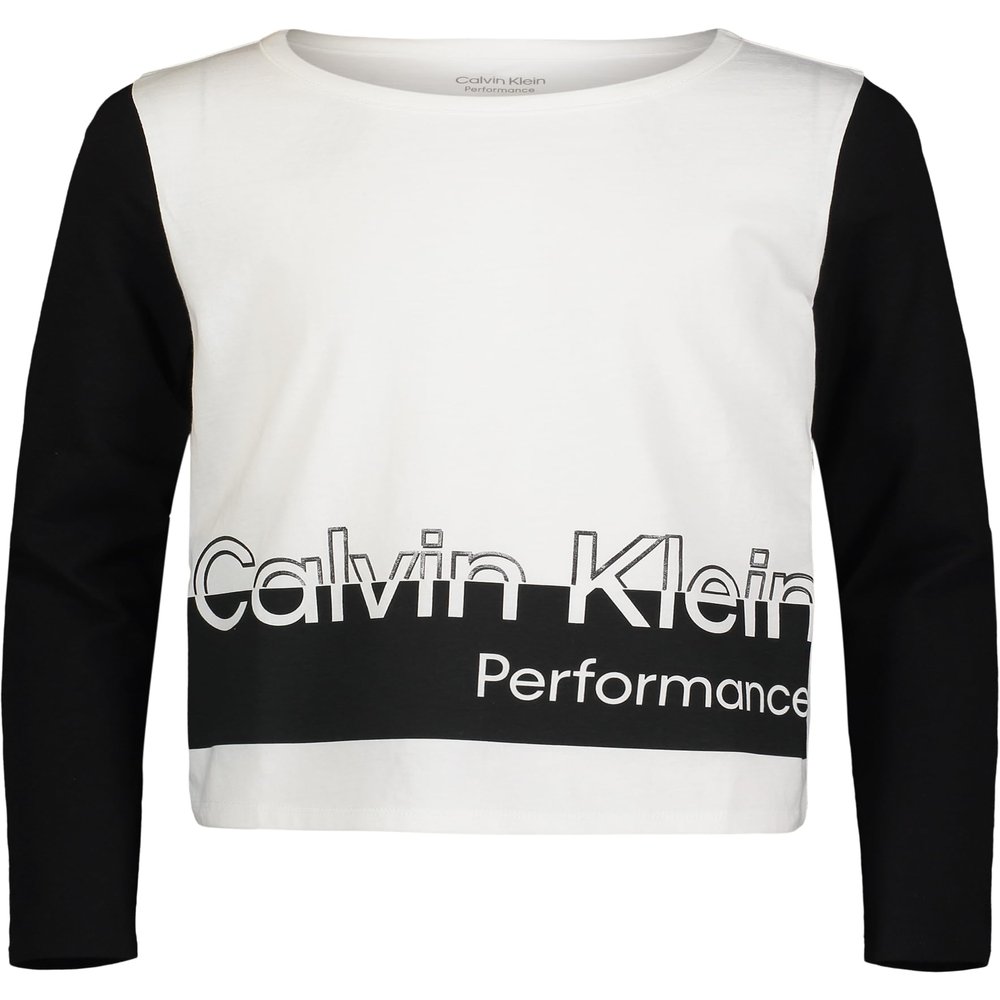 Calvin Klein Girls' Performance Long Sleeve Sport T-Shirt, White Barred, 7