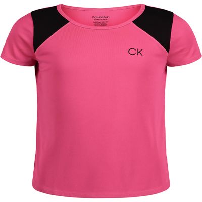 Calvin Klein Girls' Short Sleeve Performance T-Shirt, Crew-Neck Neckline & Logo Detailing, Pink Glo Mesh, 8-10