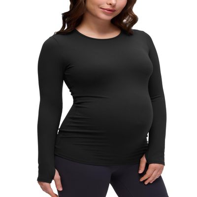 CRZ YOGA Butterluxe Maternity Crewneck Long Sleeve Shirts - Athletic Yoga Casual Pregnancy Womens Tee Tops Basic Layer Soft Black XX-Small