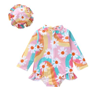 MERSARIPHY Baby Girl One-Piece Swimsuit Rash Guard Toddler Infant Zipper Long Sleeve Swimwear+Hat Bathing Suit Swimwear (Rainbow F, 3-4 Years)