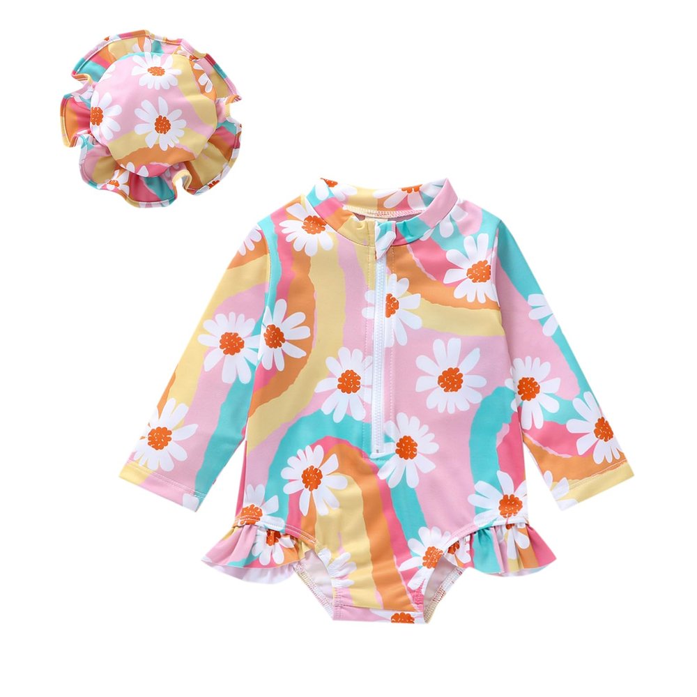 MERSARIPHY Baby Girl One-Piece Swimsuit Rash Guard Toddler Infant Zipper Long Sleeve Swimwear+Hat Bathing Suit Swimwear (Rainbow F, 3-4 Years)