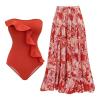 NineFit Basics Women's One Piece Swimsuit Tummy Control Bathing Suit with Beach Cover up Wrap Skirt Two Piece Floral Printed Swimwear, Small, A05_red view 1