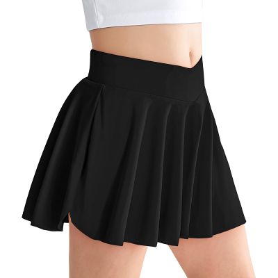 Bkixhv Girls Tennis Skirt with Pocket 2 in 1 Girls Black Athletic Skort with Spandex Liner V Crossover Stretch Waist