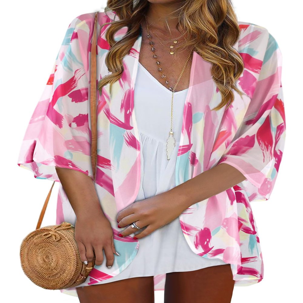 Swimsuit Coverup for Women Casual Open Front Kimono Summer Pink Beach Cute Tops(Pink Print White,XL)