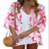 Swimsuit Coverup for Women Casual Open Front Kimono Summer Pink Beach Cute Tops(Pink Print White,XL) view 1