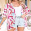 Swimsuit Coverup for Women Casual Open Front Kimono Summer Pink Beach Cute Tops(Pink Print White,XL) view 3