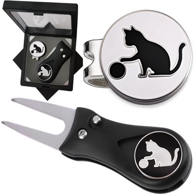 Adhere Golf Ball Markers Personlized Double Side Cute cat Logo Enamel with A Magnetic Hat Clips,A Premium Golf Gifts. (A-Ball Markers & Divot Tool Gift Set)