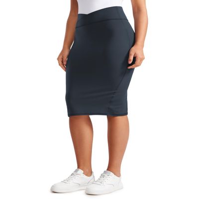 CRZ YOGA Butterluxe Midi Pencil Skirts for Women V Cross High Waist Bodycon Stretch Casual Work Skirt True Navy Small