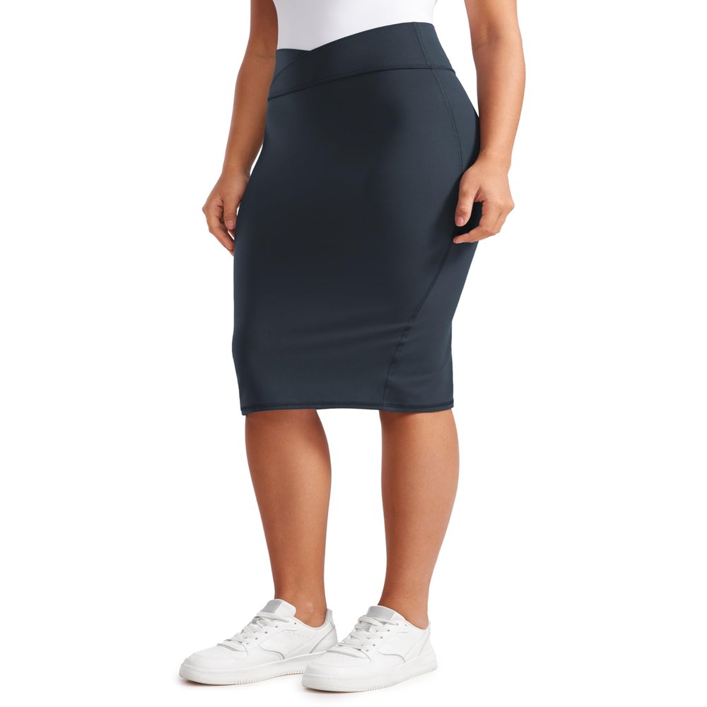 CRZ YOGA Butterluxe Midi Pencil Skirts for Women V Cross High Waist Bodycon Stretch Casual Work Skirt True Navy Small