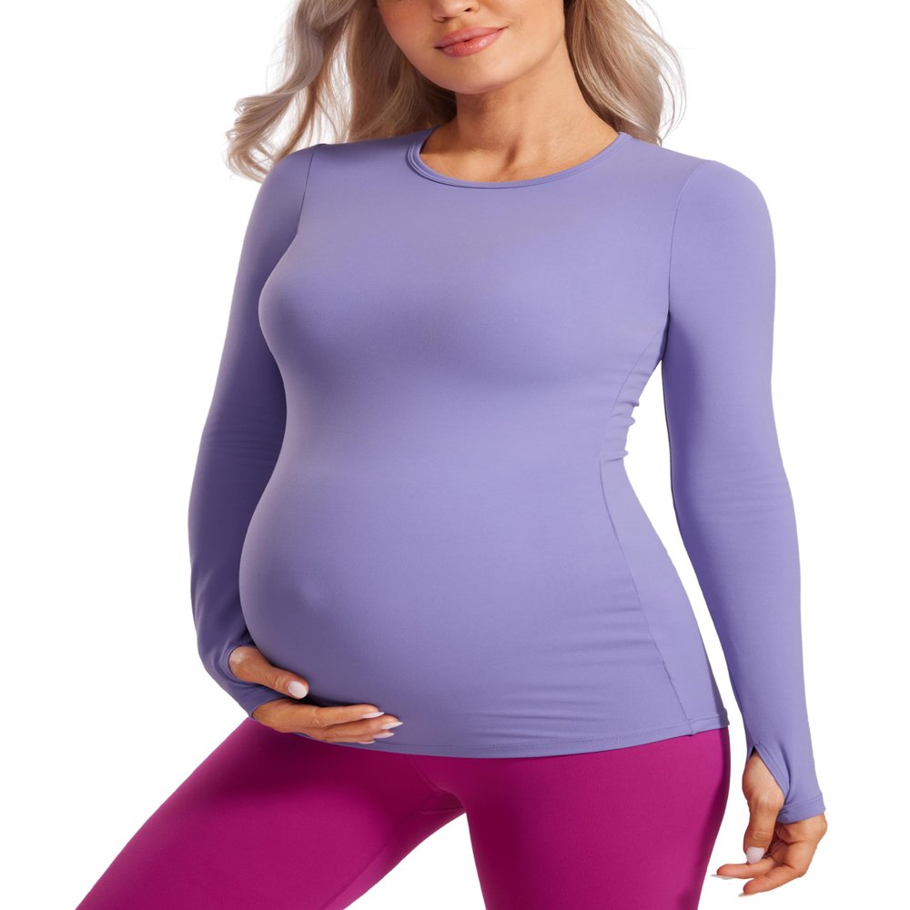 CRZ YOGA Butterluxe Maternity Crewneck Long Sleeve Shirts - Athletic Yoga Casual Pregnancy Womens Tee Tops Basic Layer Soft Dark Lavender Purple XX-Small