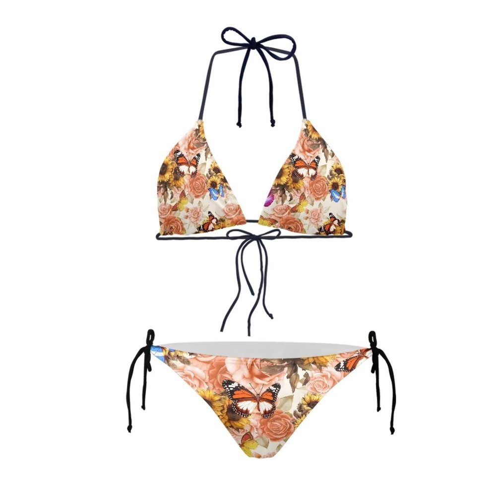 JEOCODY Sunflower Butterfly Bikini Sets for Women High Waisted Bikini Sets for Beach Women's Triangle Bikini Floral String Bikini Set Two Piece Swimsuit Bathing Suits