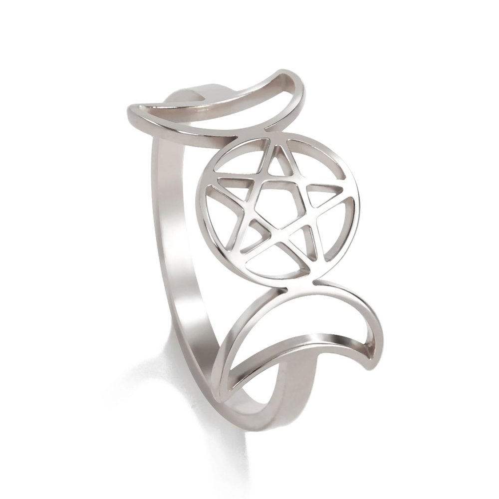 TEAMER Stainless Steel Triple Moon Goddess Ring Amulet Wicca Pentagram Ring Pagan Jewelry for Women (Silver, 11)