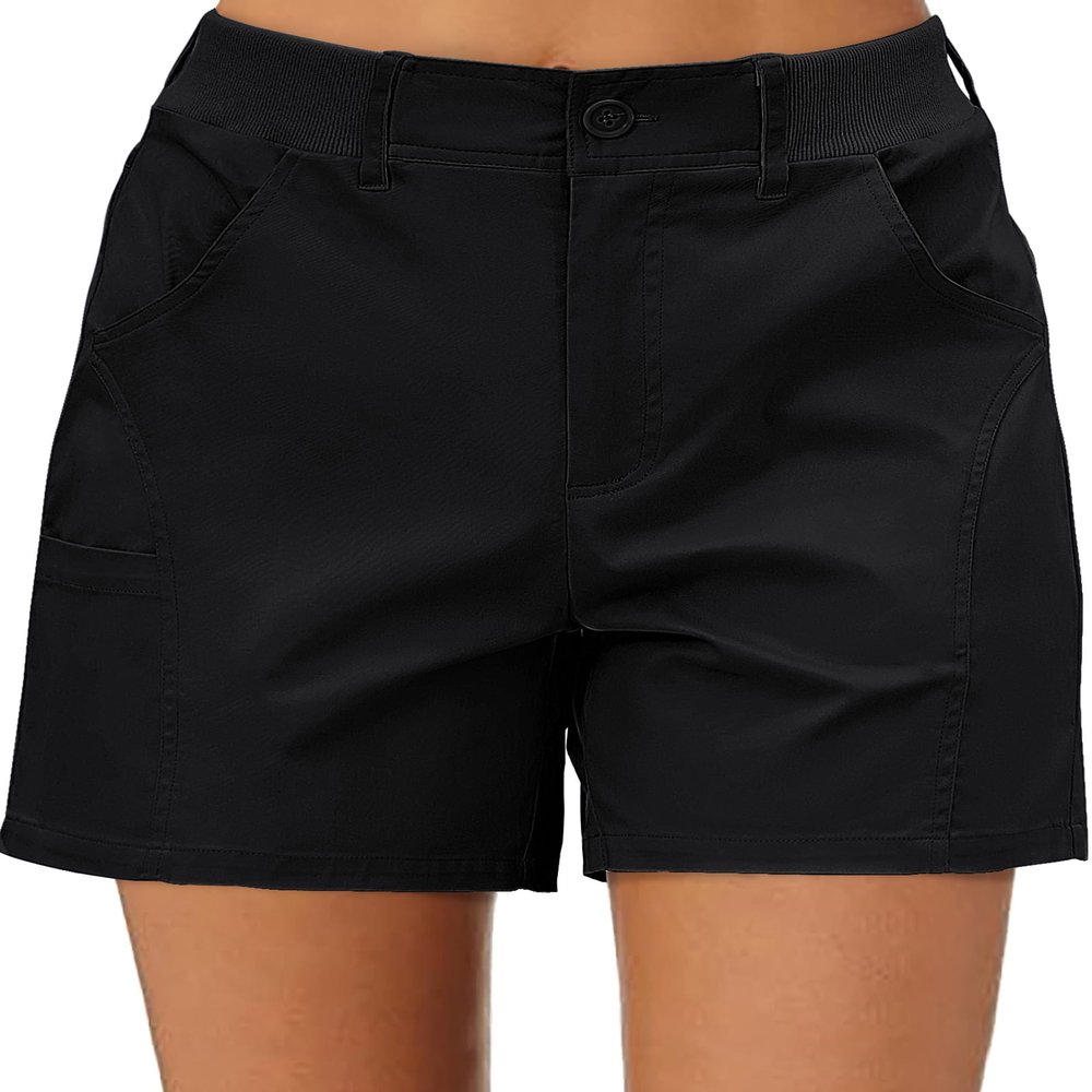 Luvamia Women's Trendy Casual Summer High Waisted Chino Shorts with Ribbed Elastic Waist, Comfy Shorts with Pockets - Business Casual, Size 18, Black