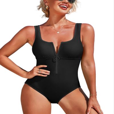 Charmo Women's One Piece Swimsuit with Wide Straps Tummy Control Bathing Suits Zipper Front Swimwear Black