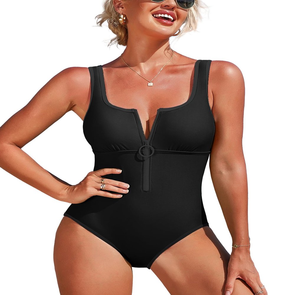 Charmo Women's One Piece Swimsuit with Wide Straps Tummy Control Bathing Suits Zipper Front Swimwear Black