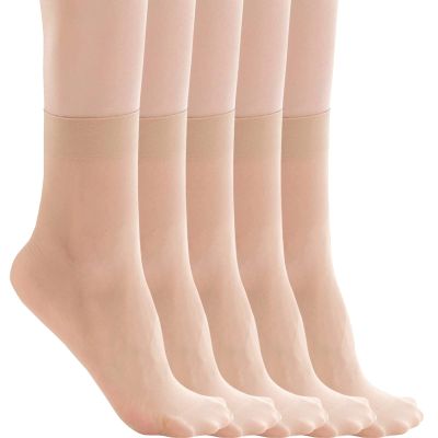 5 Pairs Womens Sheer Socks Nude Crew Stocking Soft Ultra Thin Cool See Through Calf High Silk Socks (Beige, One Size)