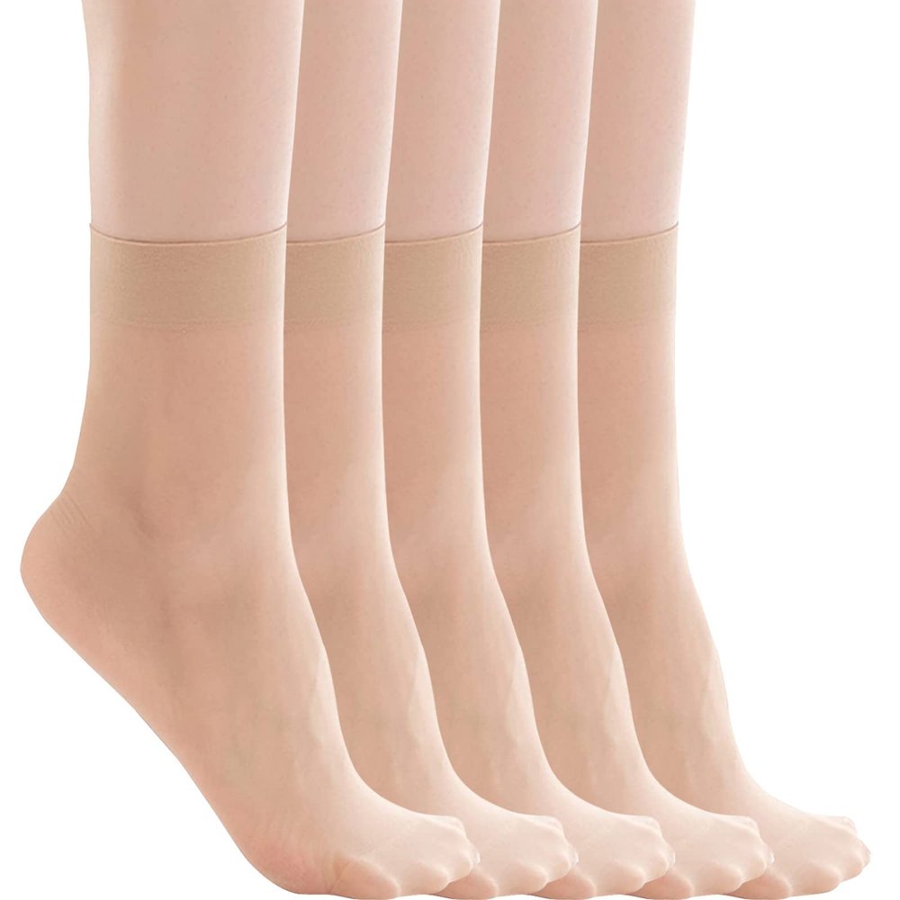 5 Pairs Womens Sheer Socks Nude Crew Stocking Soft Ultra Thin Cool See Through Calf High Silk Socks (Beige, One Size)