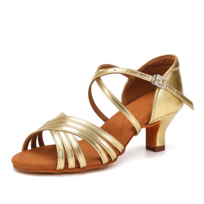 SWDZM Women Latin Dance Shoes Satin Professional Ballroom Salsa Practice Performance Dance Shoes,Gold,Heel 2 inch,Suede Sole,US 8.5