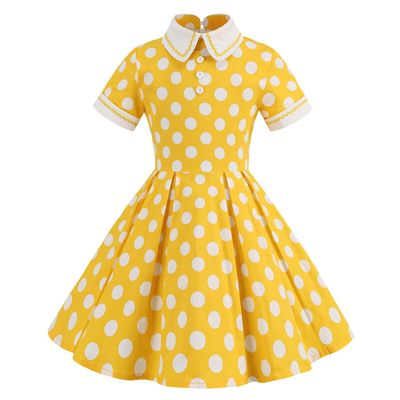 ABAFIP Girls 1950s Vintage Polka Dot Dress Short Sleeve Doll Collar Cap Sleeve Floral Print Retro 50s Swing Party Formal Dresses Yellow 9-10 Years