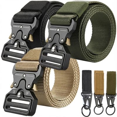 KingMoore 3 Pack Tactical Belt for EDC Battle Military Utility Combat Gear, Heavy-Duty Quick-Release Metal Buckle with Extra Molle Key Ring Holder (3 Pack(Black+Khaki+Army green), Waist:36"-41")