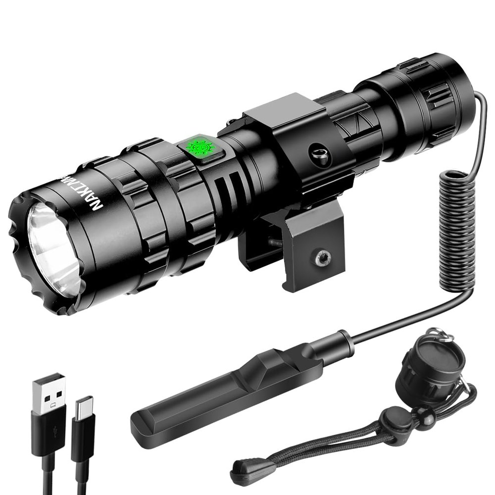 NAKCNM Tactical Flashlight with Picatinny Rails Mount, 3000 Lumen Weapon Light Rechargeable 5 Modes, Remote Pressure Switch Included for Hiking Outdoor Activities