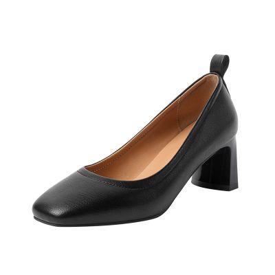 PipoNs Ladies Fashion Solid Color Leather Square Head Thick High Heeled Casual Shoes Women's Casual Shoes Slip on Size6.5 Black