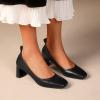 PipoNs Ladies Fashion Solid Color Leather Square Head Thick High Heeled Casual Shoes Women's Casual Shoes Slip on Size6.5 Black view 2