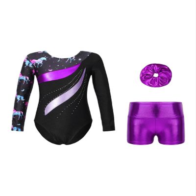 Aislor Kids Girls Printed Patchwork Long Sleeve Gymnastics Dance Leotard Unitard with Athletic Shorts Hair Band Set Dark Pegasus 14 Years