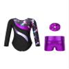 Aislor Kids Girls Printed Patchwork Long Sleeve Gymnastics Dance Leotard Unitard with Athletic Shorts Hair Band Set Dark Pegasus 14 Years view 2