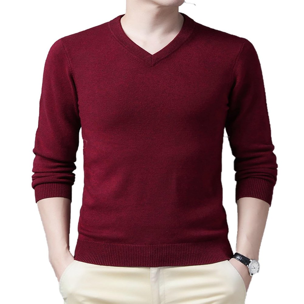 UNeedVog Men's Pullover Sweaters V-Neck Slim Fit Knitted Jumpers Casual Long Sleeve Solid Sweater Red