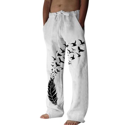 BUDDHI Men's Bird Print Japanese Pants Summer Beach Pants Feather Print Harem Pants Gym Running Workout Pants Techwear Streetwear Hip Hop Joggers Lightweight Elastic Waist Harem Pants White, Medium